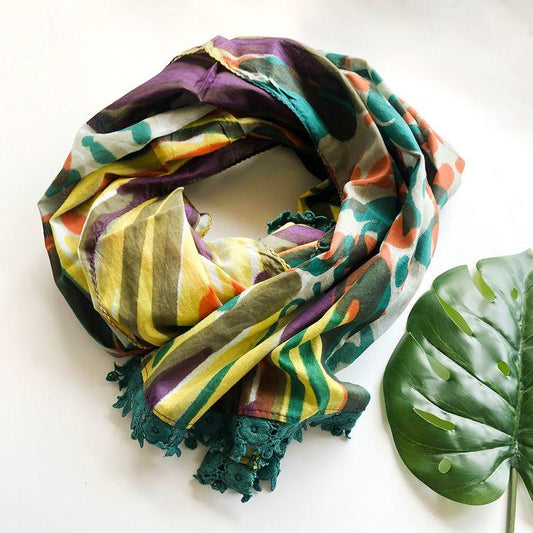 Watercolor Crochet Trim Scarf - Teal - Say Bloom